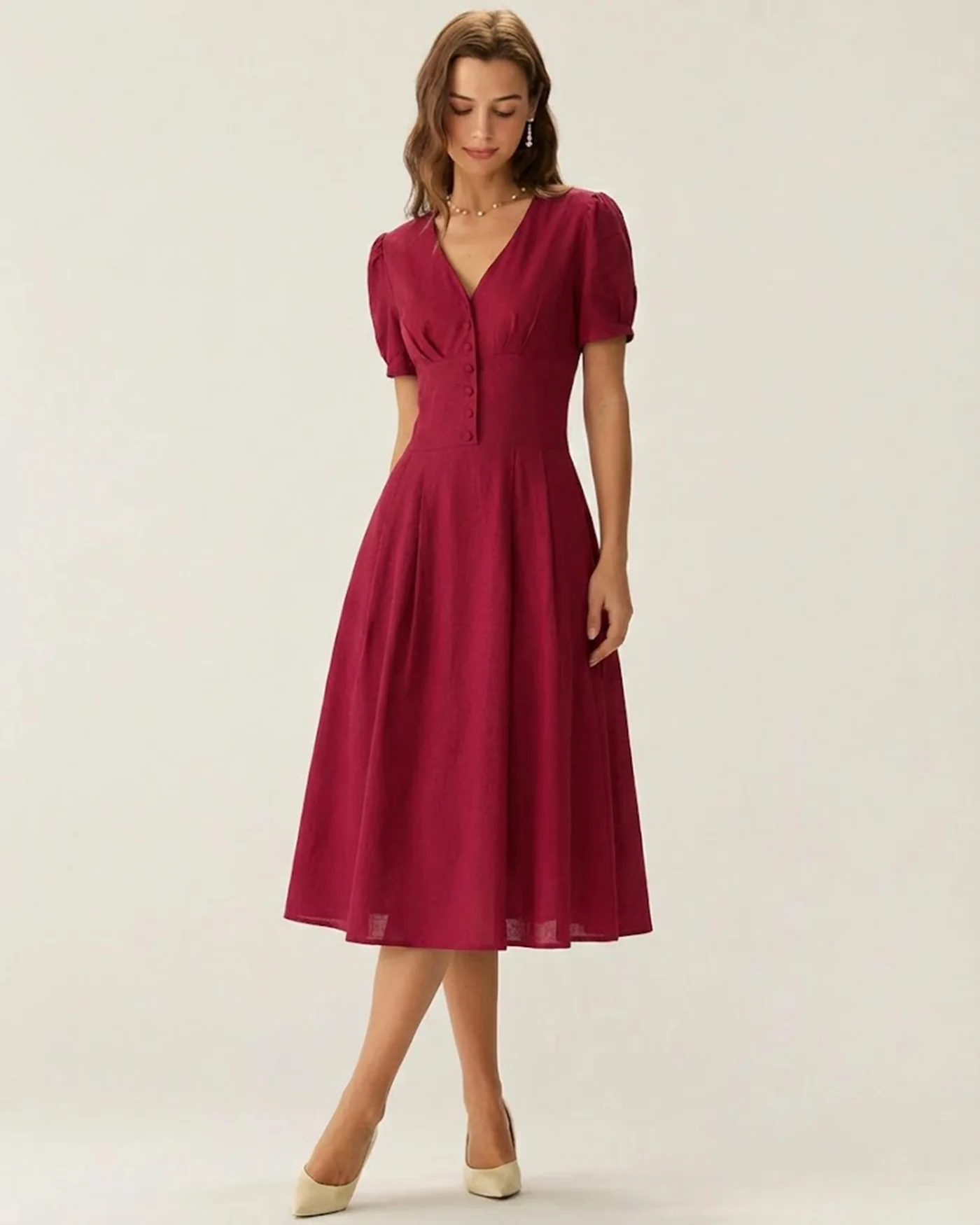 Red V Neck Midi Dress - Image 2