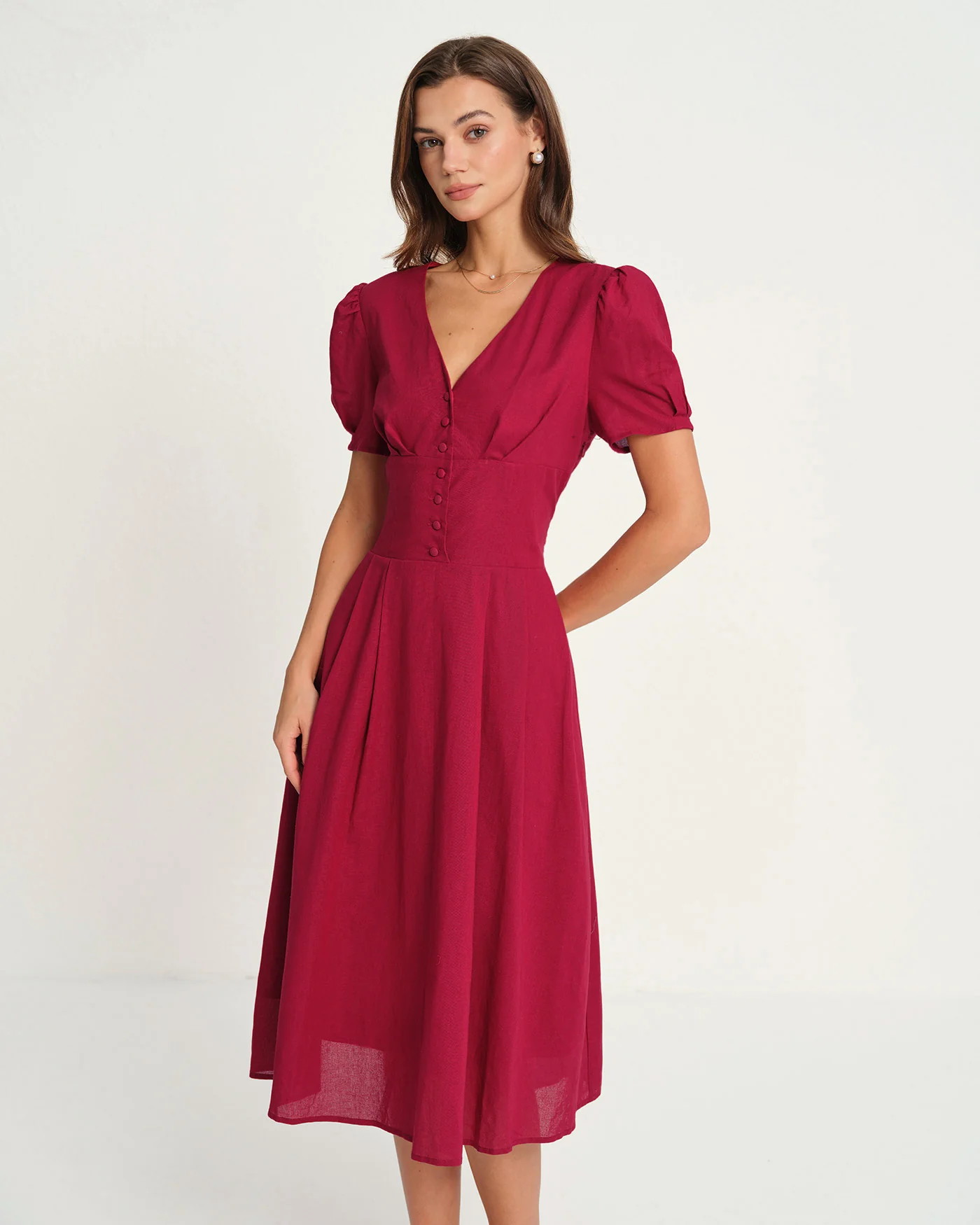 Red V Neck Midi Dress - Image 3