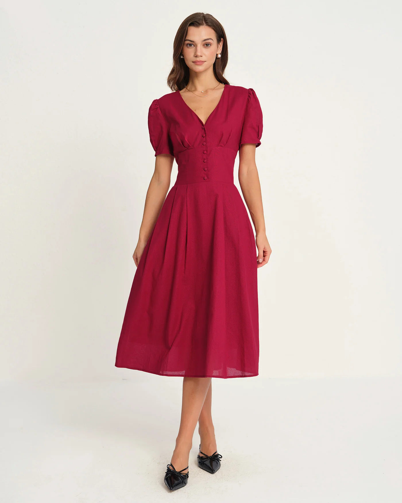 Red V Neck Midi Dress - Image 5