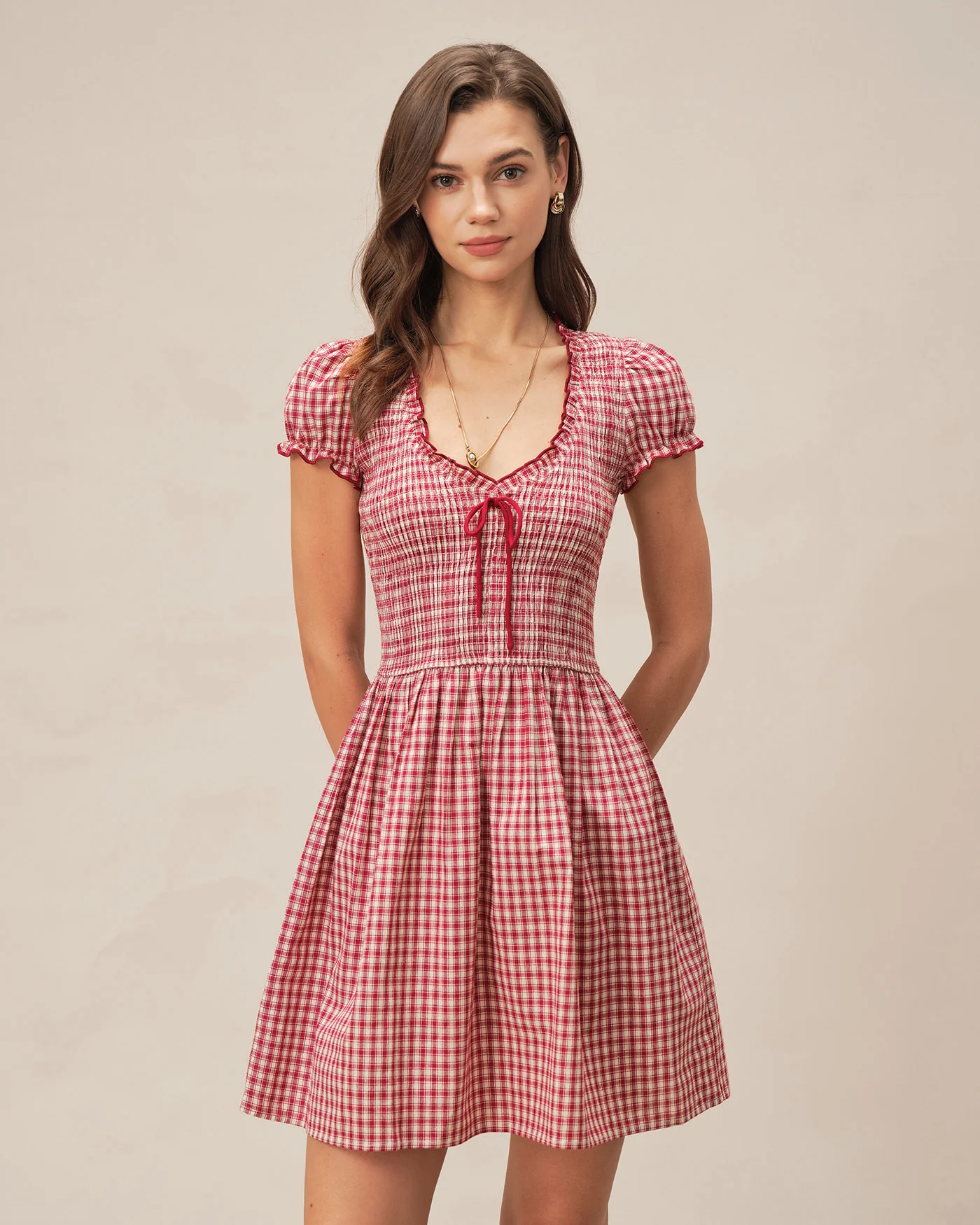 Red V Neck Plaid Mini Dress - Image 2