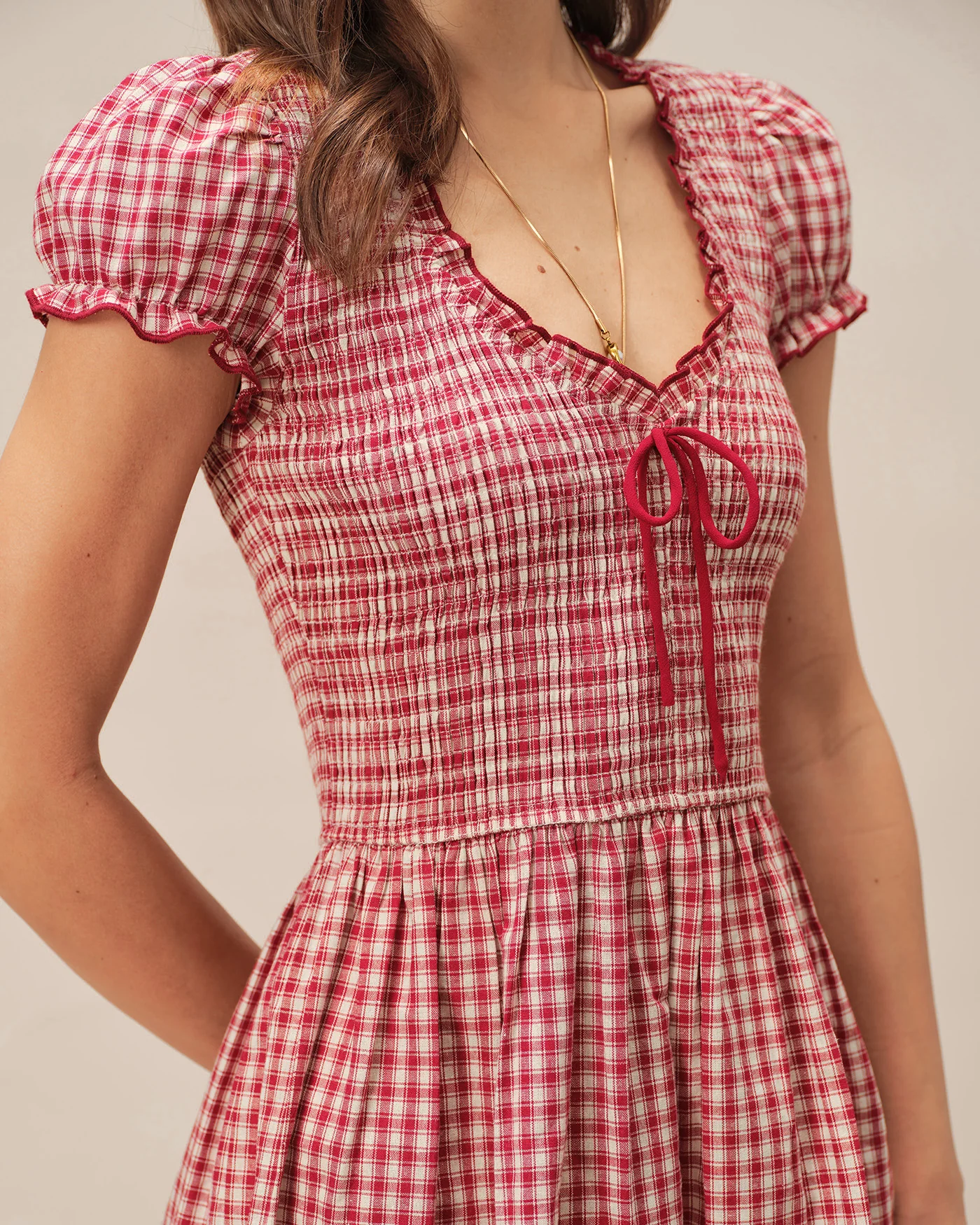 Red V Neck Plaid Mini Dress - Image 3