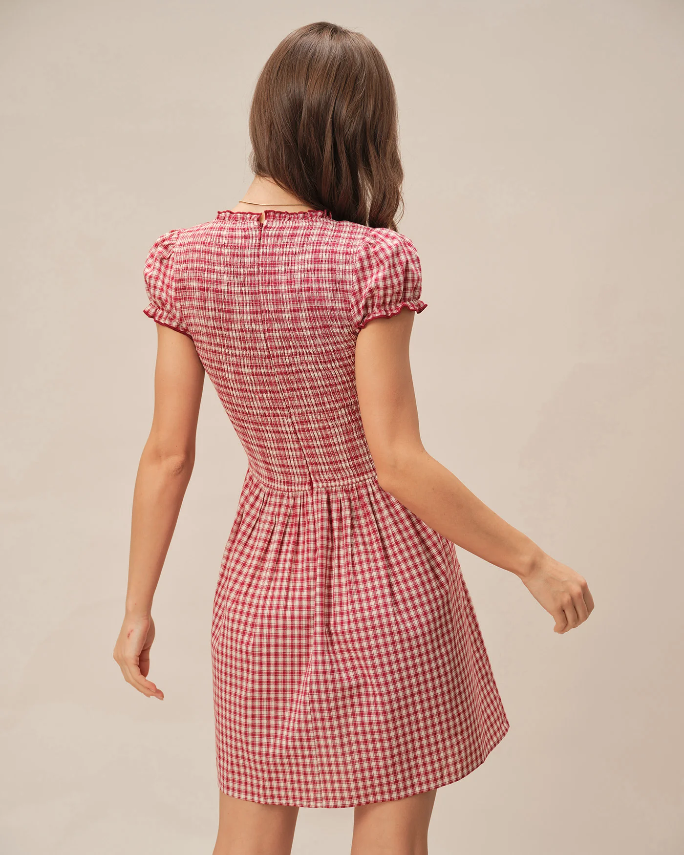 Red V Neck Plaid Mini Dress - Image 4