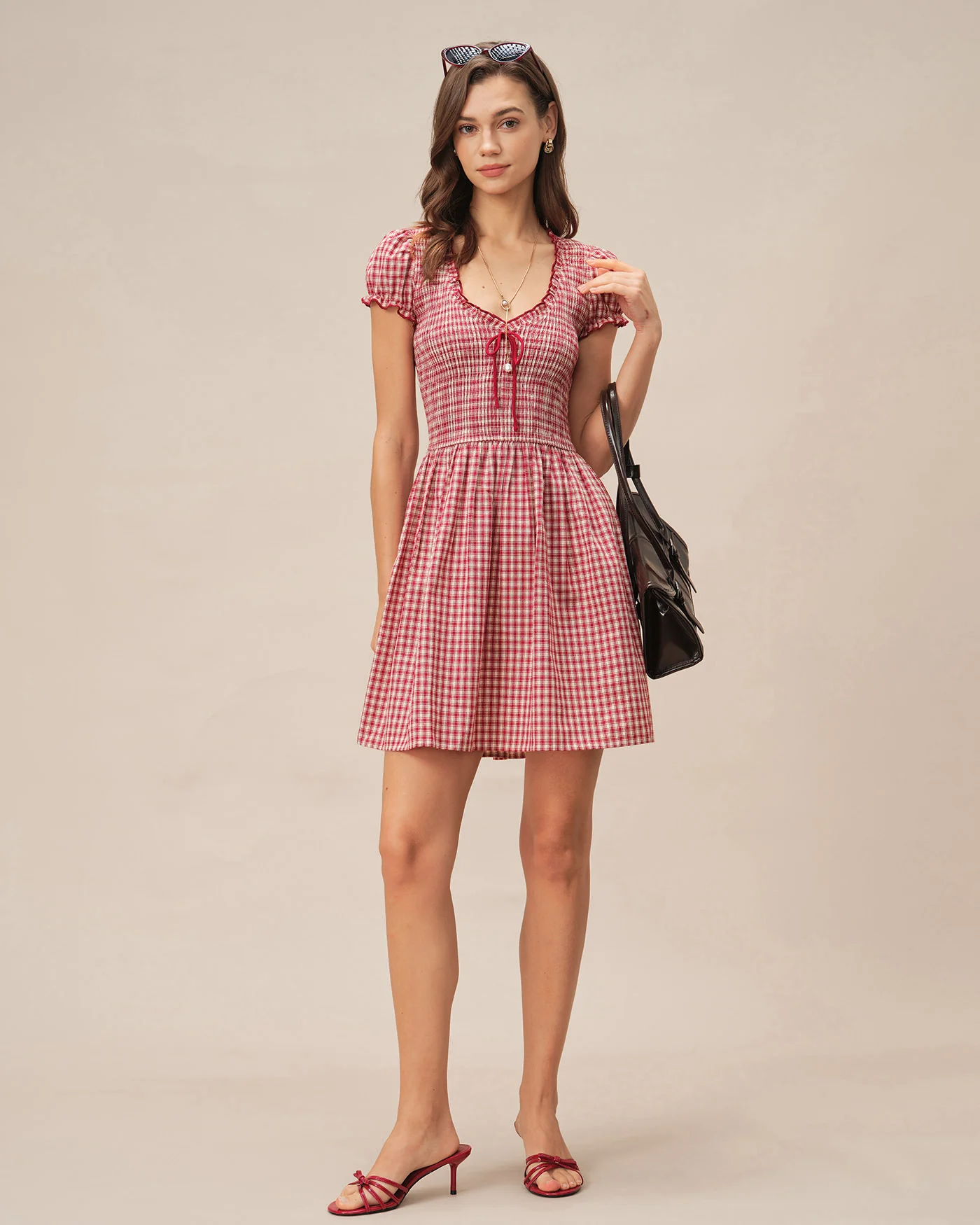Red V Neck Plaid Mini Dress - Image 5