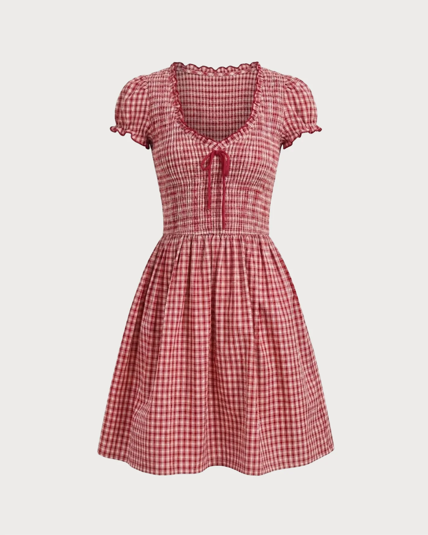 Red V Neck Plaid Mini Dress - Image 6