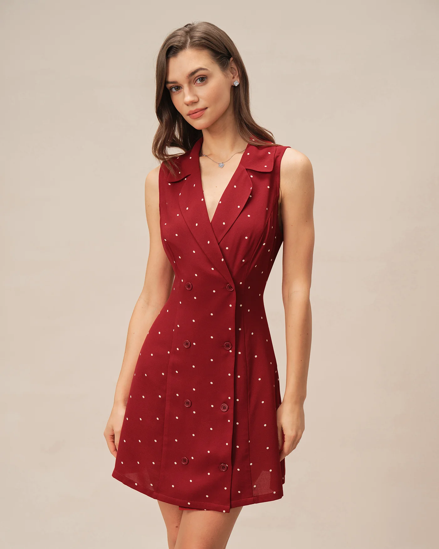 Red V Neck Polka Dot Mini Dress - Image 4