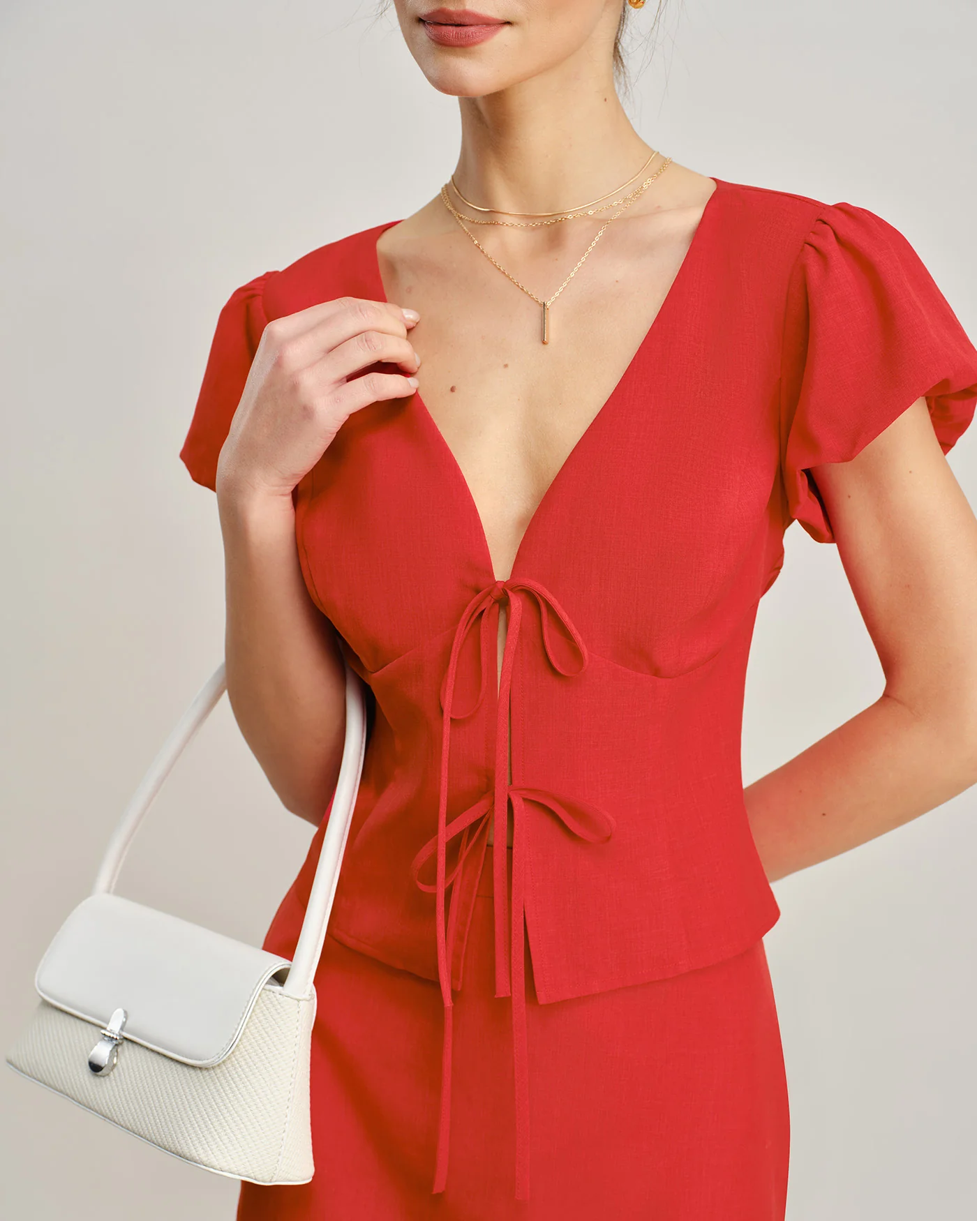 Red V Neck Tie Blouse - Image 2