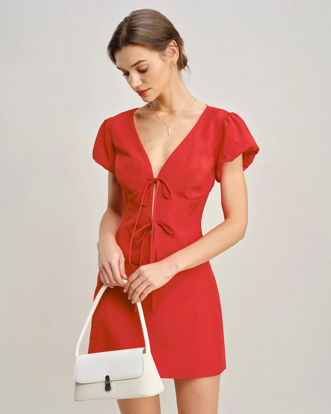 Red V Neck Tie Blouse - Image 3