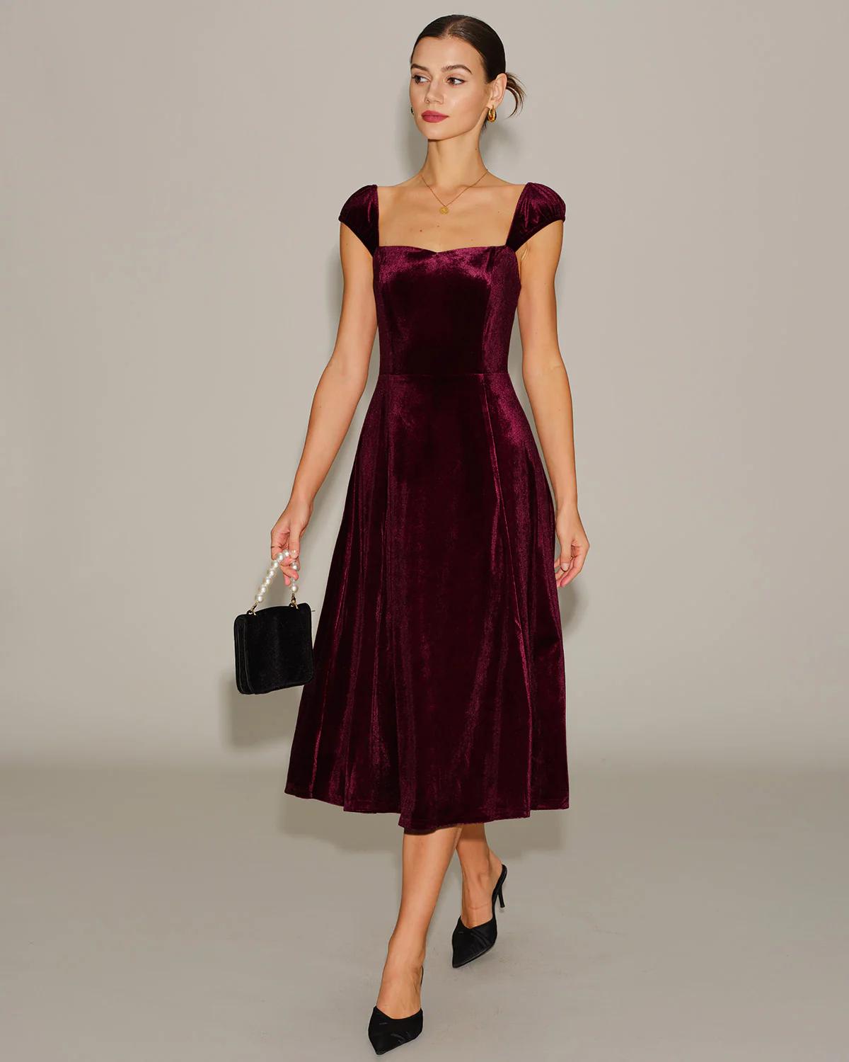 Red Velour Sweetheart Neck Midi Dress - Image 4