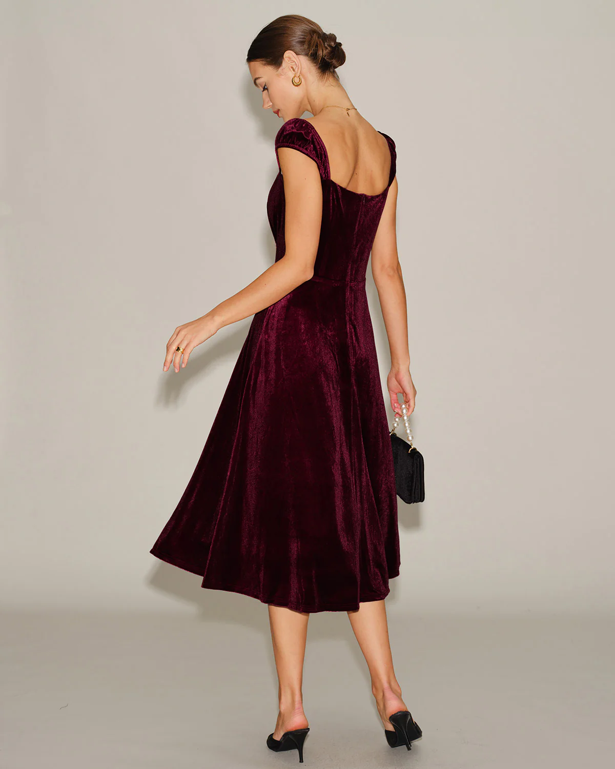 Red Velour Sweetheart Neck Midi Dress - Image 5