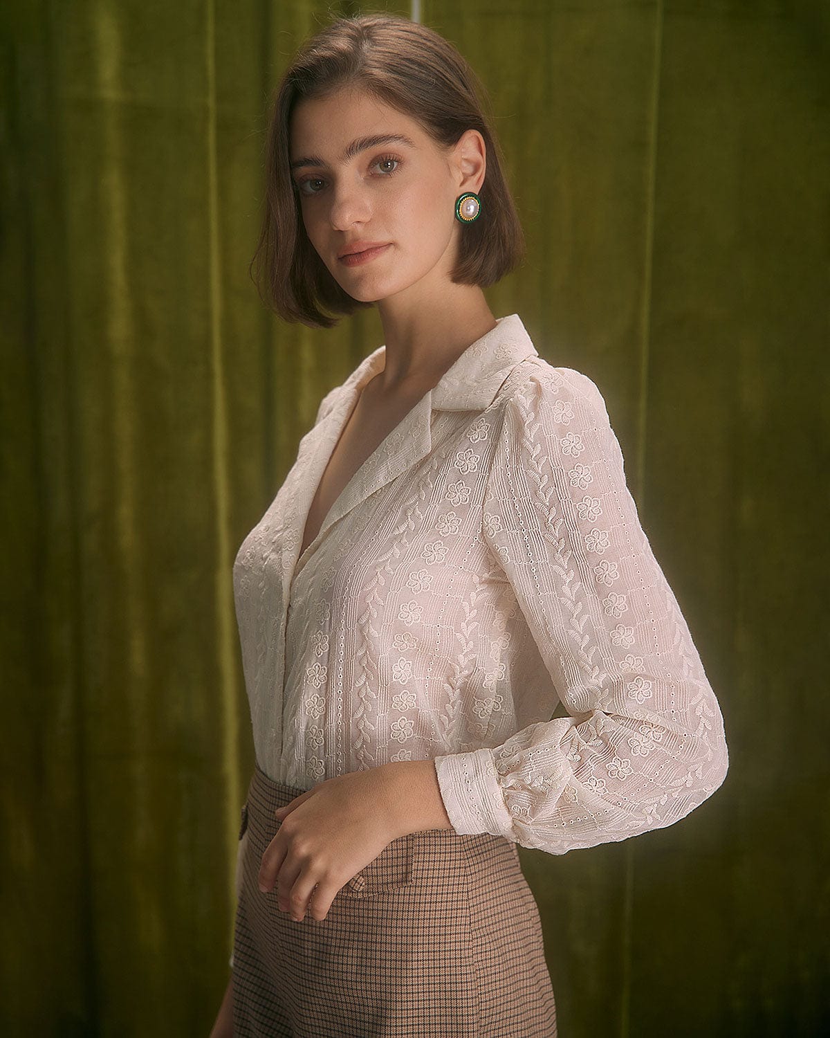 The Apricot Lapel Floral Embroidery Blouse - Image 5