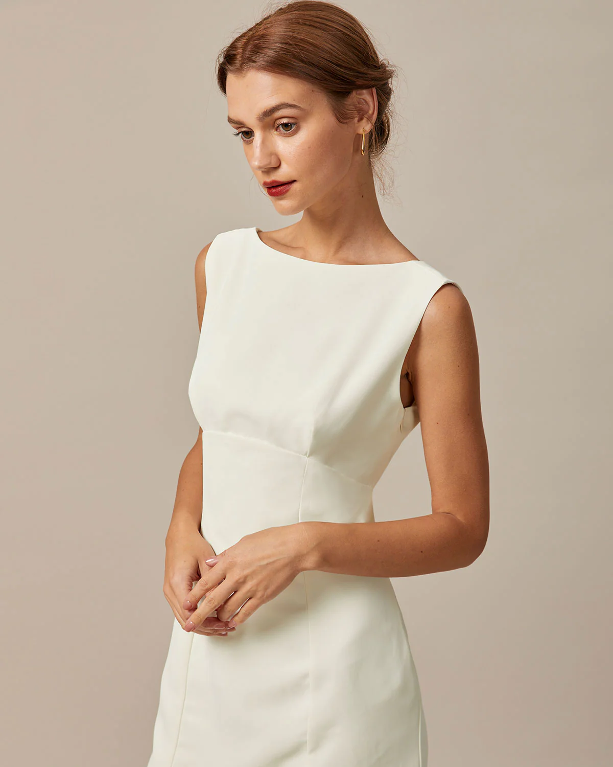 The Beige Boat Neck Back Bowknot Mini Dress - Image 3
