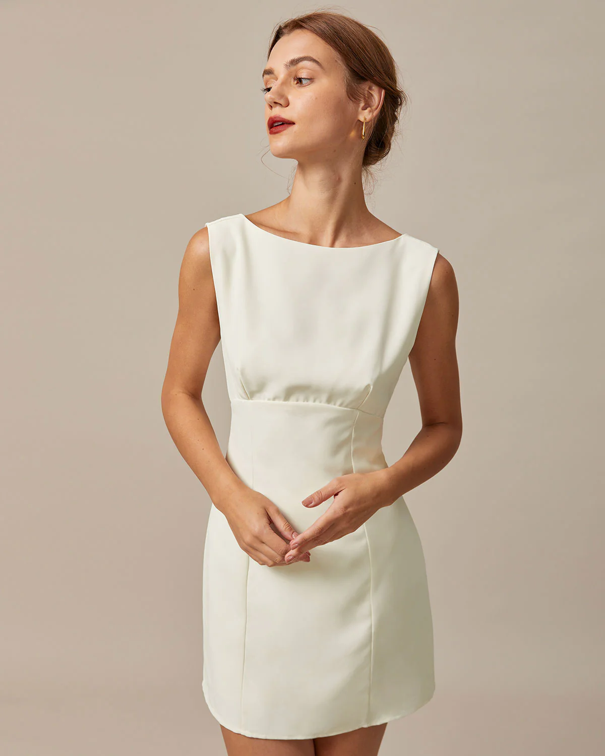 The Beige Boat Neck Back Bowknot Mini Dress - Image 4