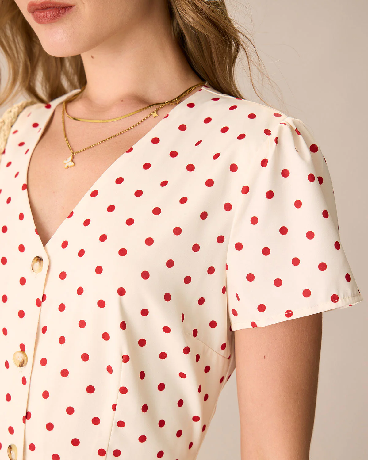 The Beige Polka Dot Button Mini Dress - Image 3