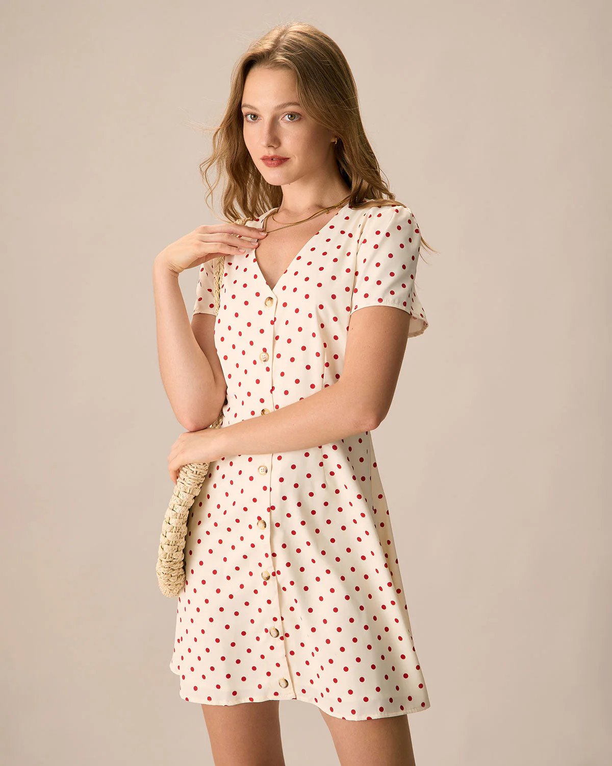 The Beige Polka Dot Button Mini Dress - Image 4