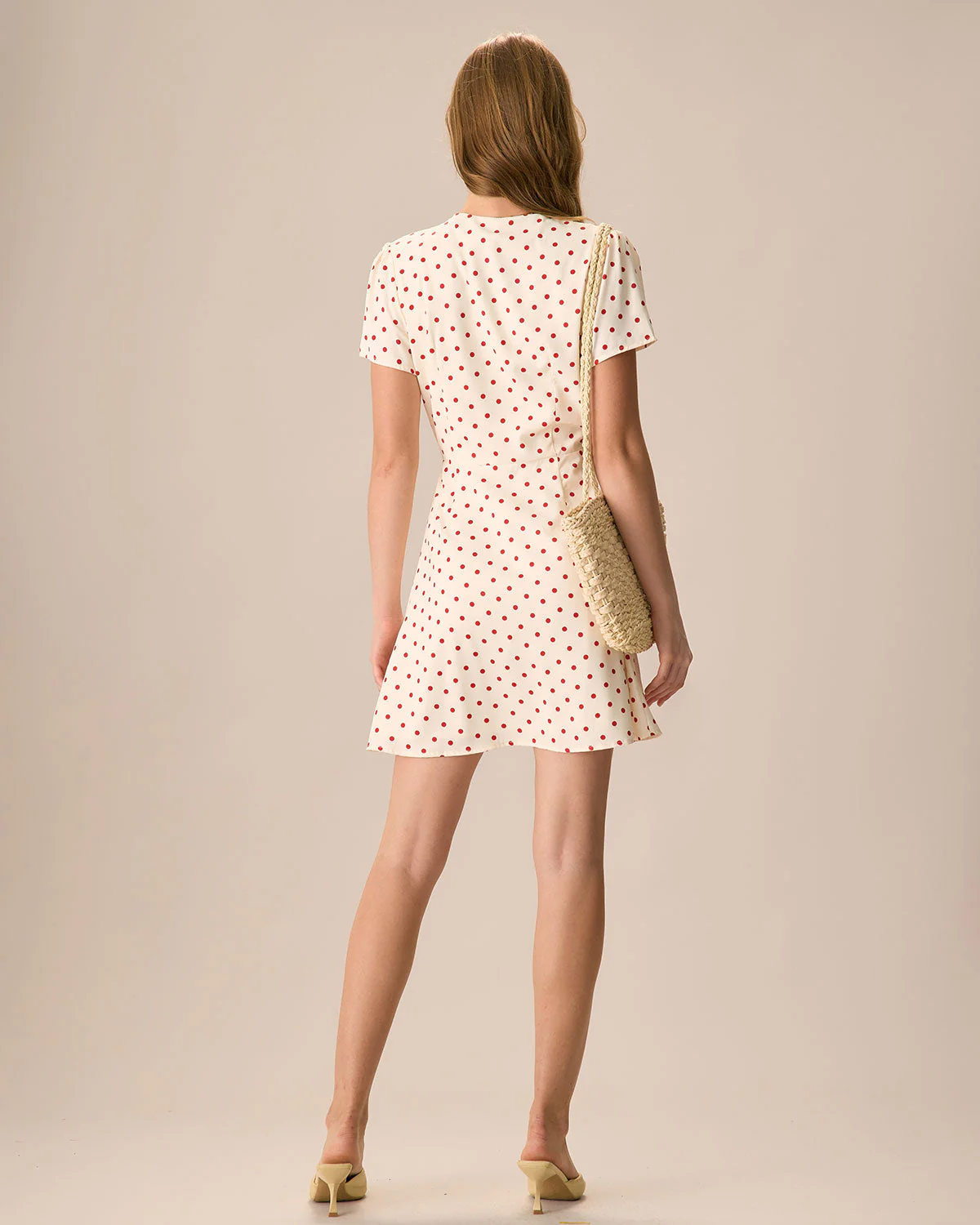 The Beige Polka Dot Button Mini Dress - Image 6