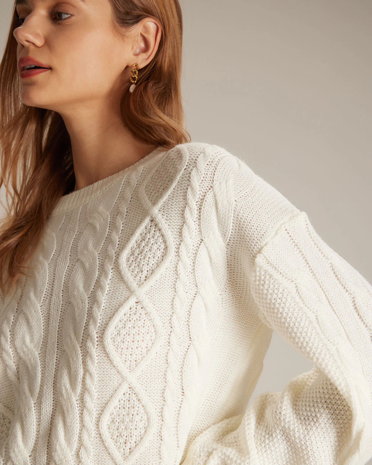 The Beige Round Neck Ribbed Cable Sweater - Image 2