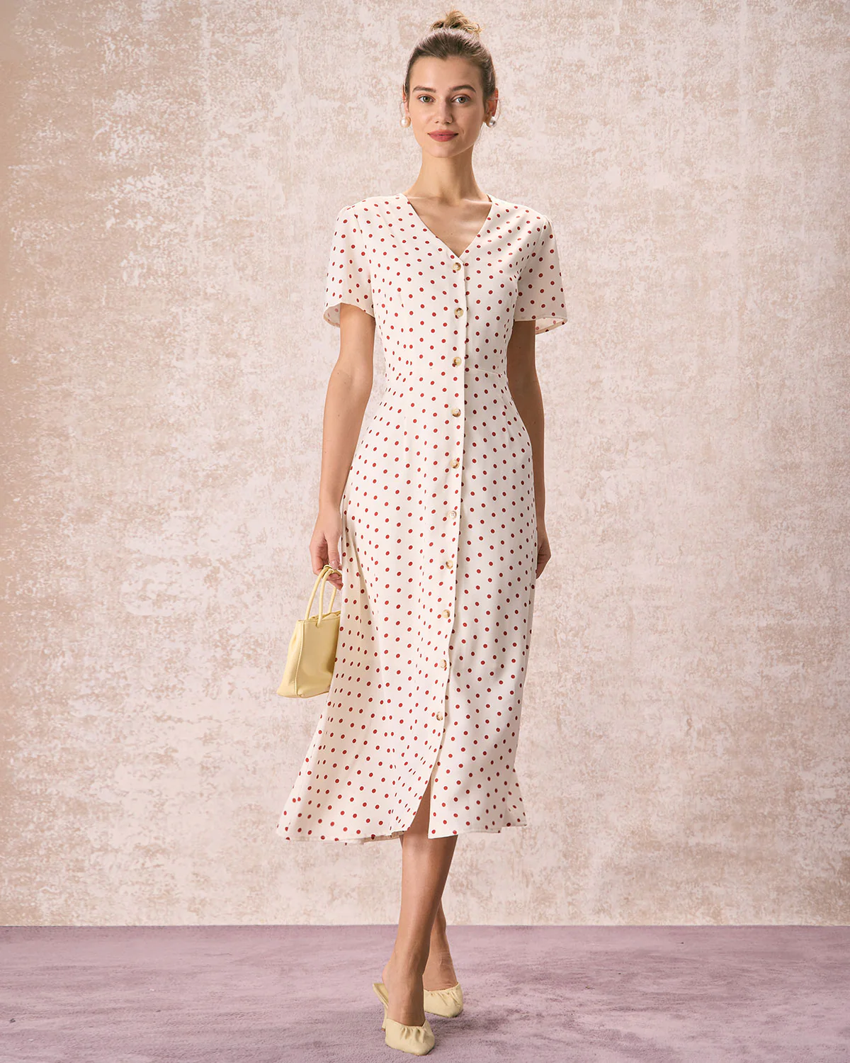 The Beige V Neck Polka Dot Button Midi Dress - Image 3