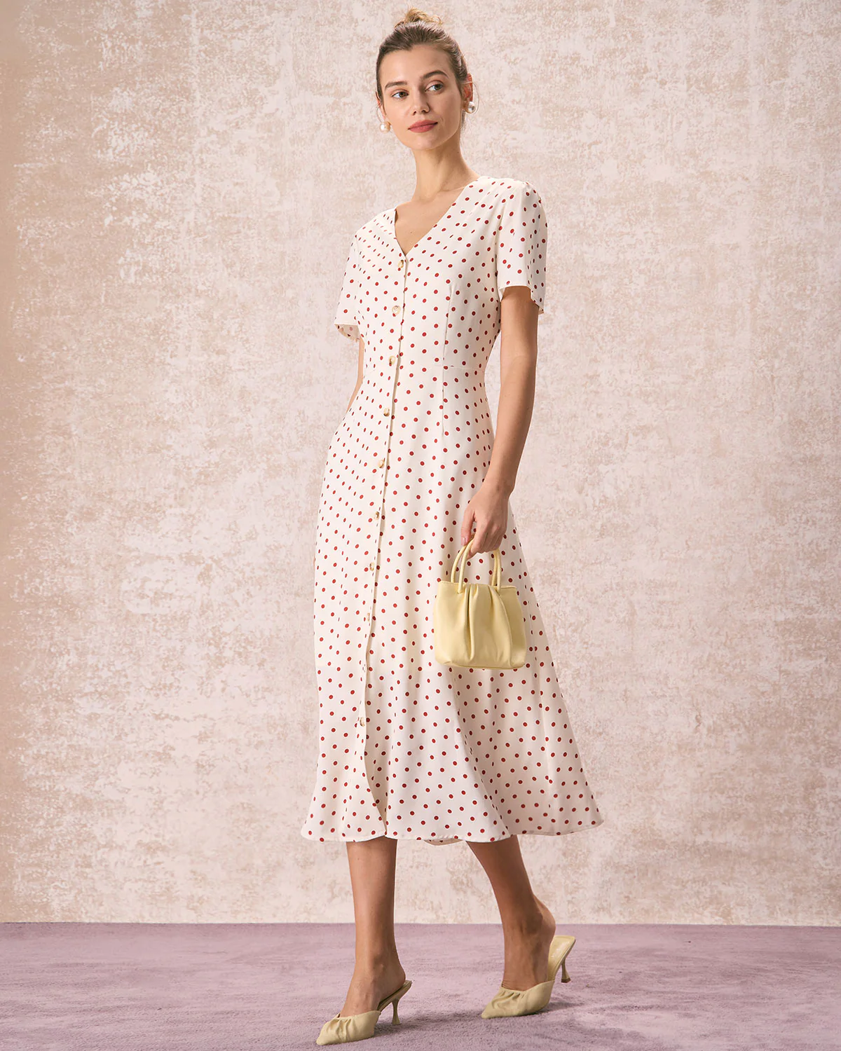 The Beige V Neck Polka Dot Button Midi Dress - Image 4