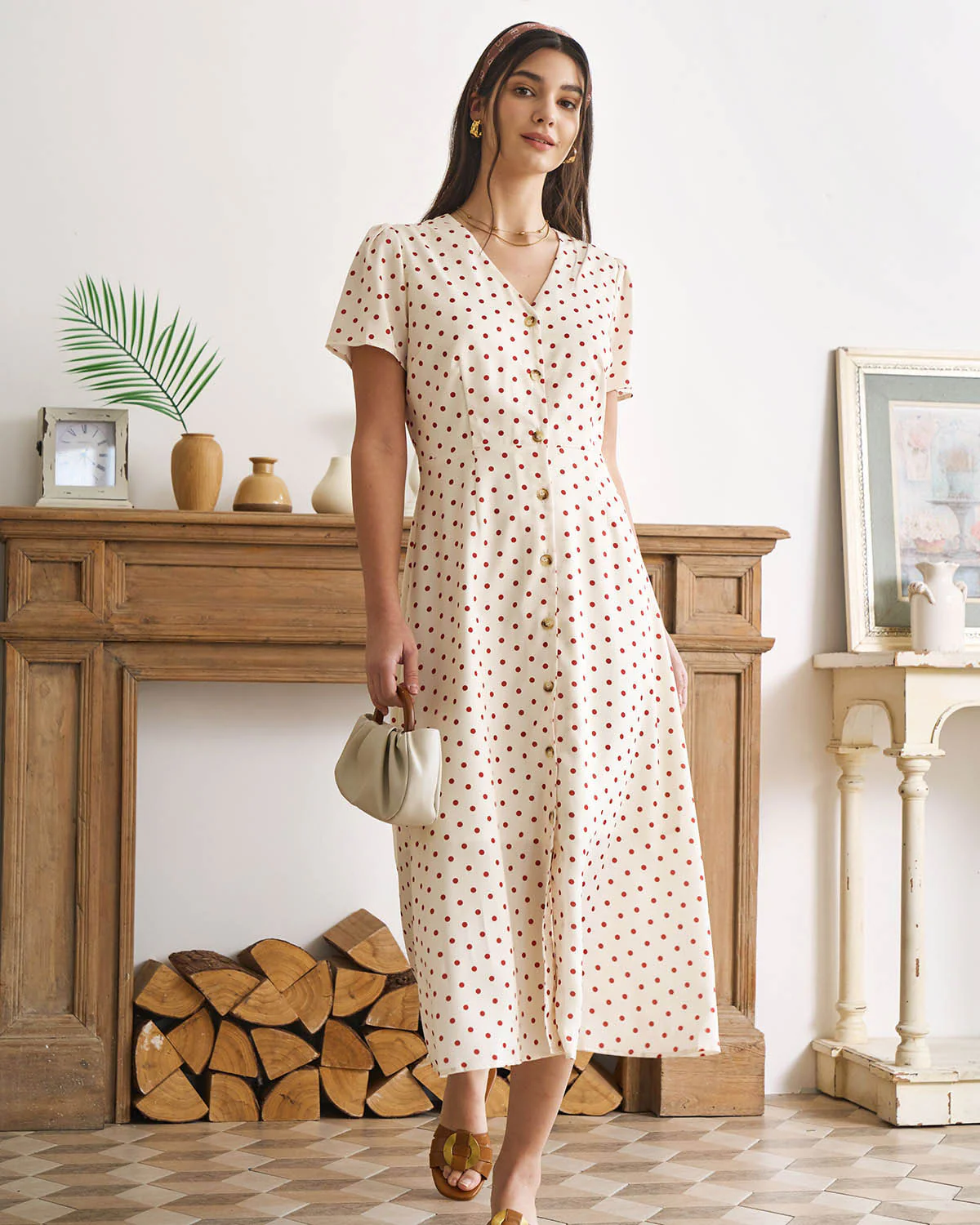 The Beige V Neck Polka Dot Button Midi Dress - Image 6