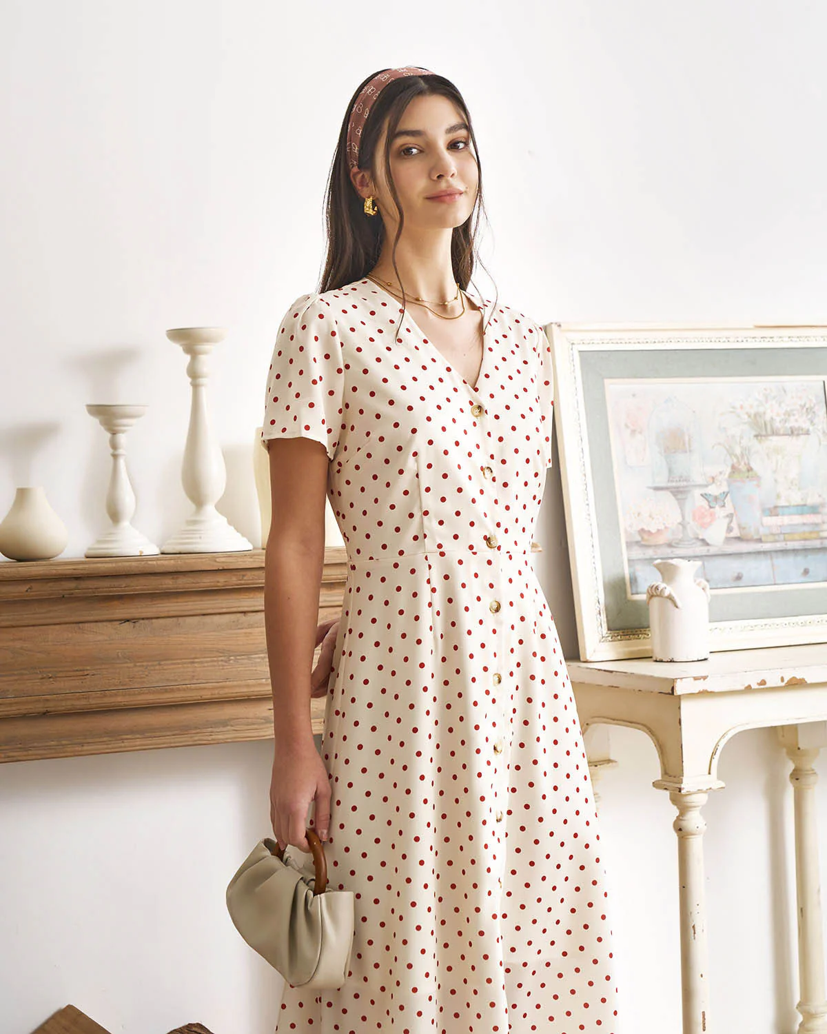 The Beige V Neck Polka Dot Button Midi Dress - Image 7