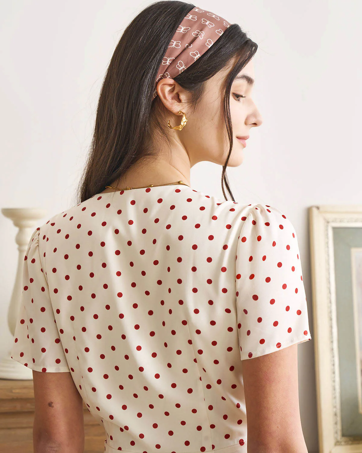 The Beige V Neck Polka Dot Button Midi Dress - Image 8