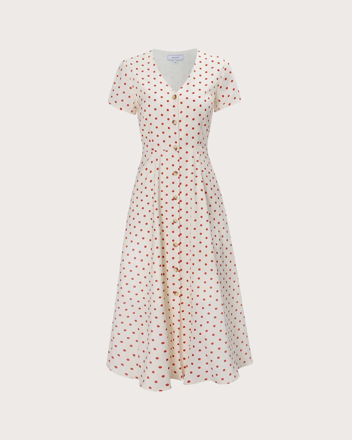The Beige V Neck Polka Dot Button Midi Dress - Image 9