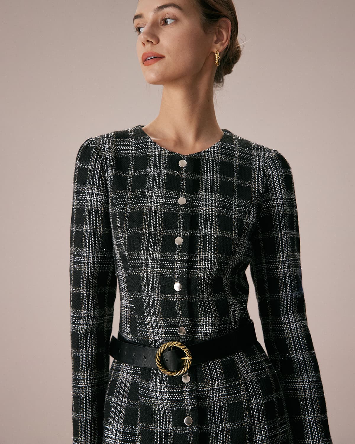 The Black Crew Neck Plaid A-Line Mini Dress - Image 3