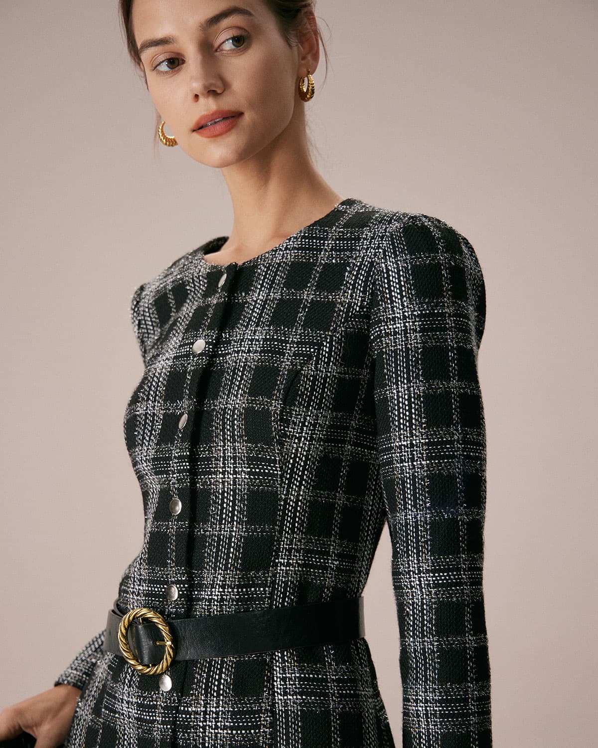 The Black Crew Neck Plaid A-Line Mini Dress - Image 4