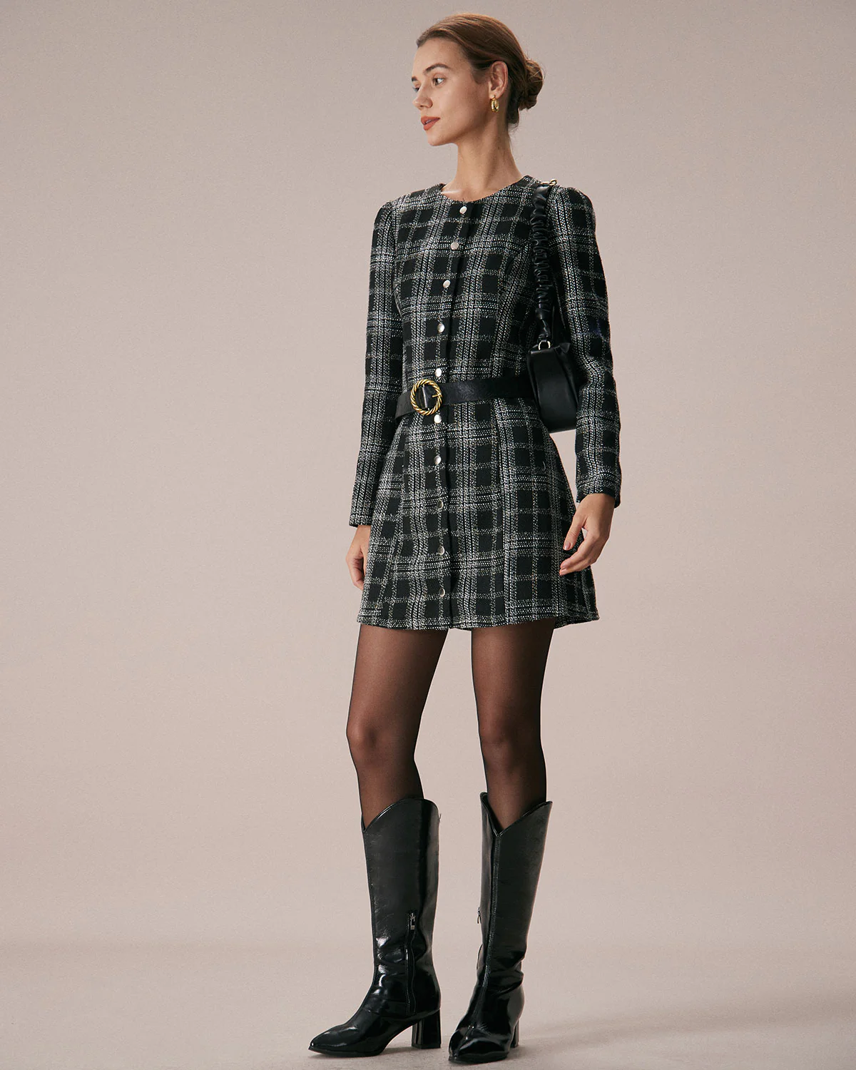 The Black Crew Neck Plaid A-Line Mini Dress - Image 5