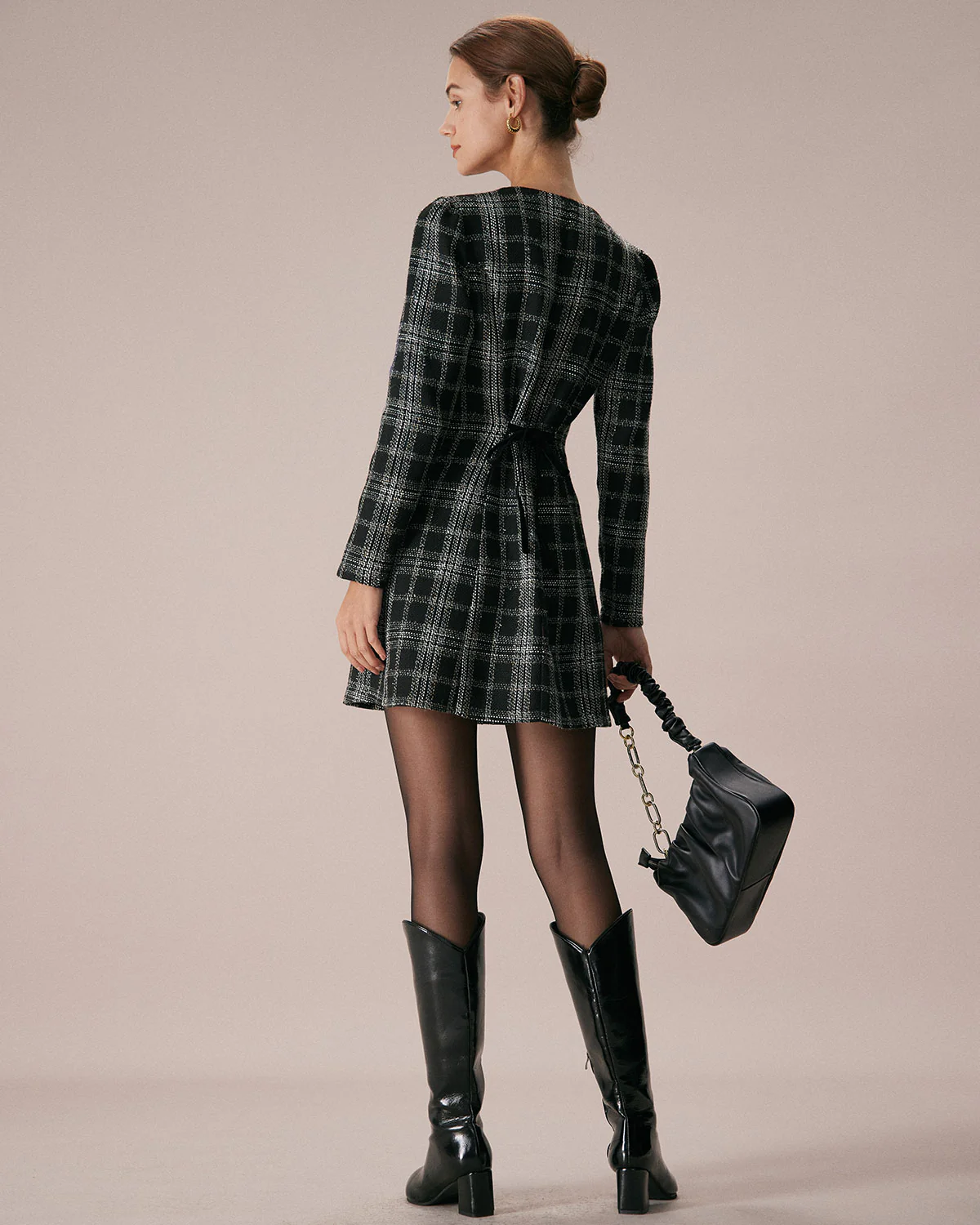 The Black Crew Neck Plaid A-Line Mini Dress - Image 6