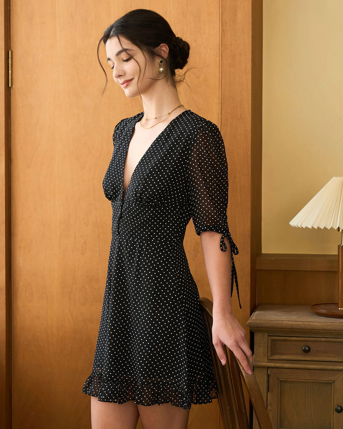 The Black Deep V Neck Polka Dot Mini Dress - Image 6