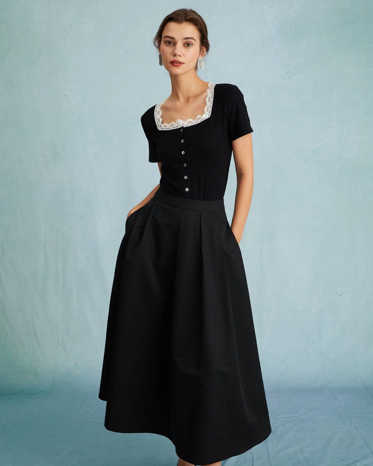 The Black High Waisted Pleated Midi Skirt - Image 2