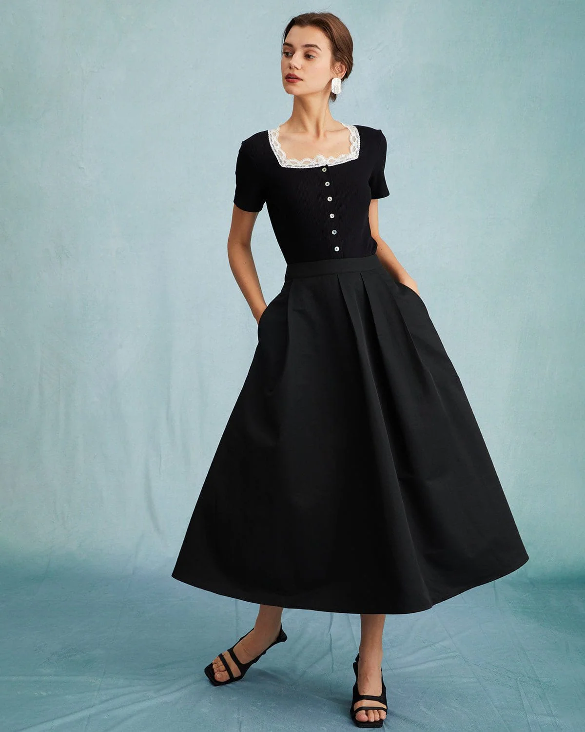 The Black High Waisted Pleated Midi Skirt - Image 3