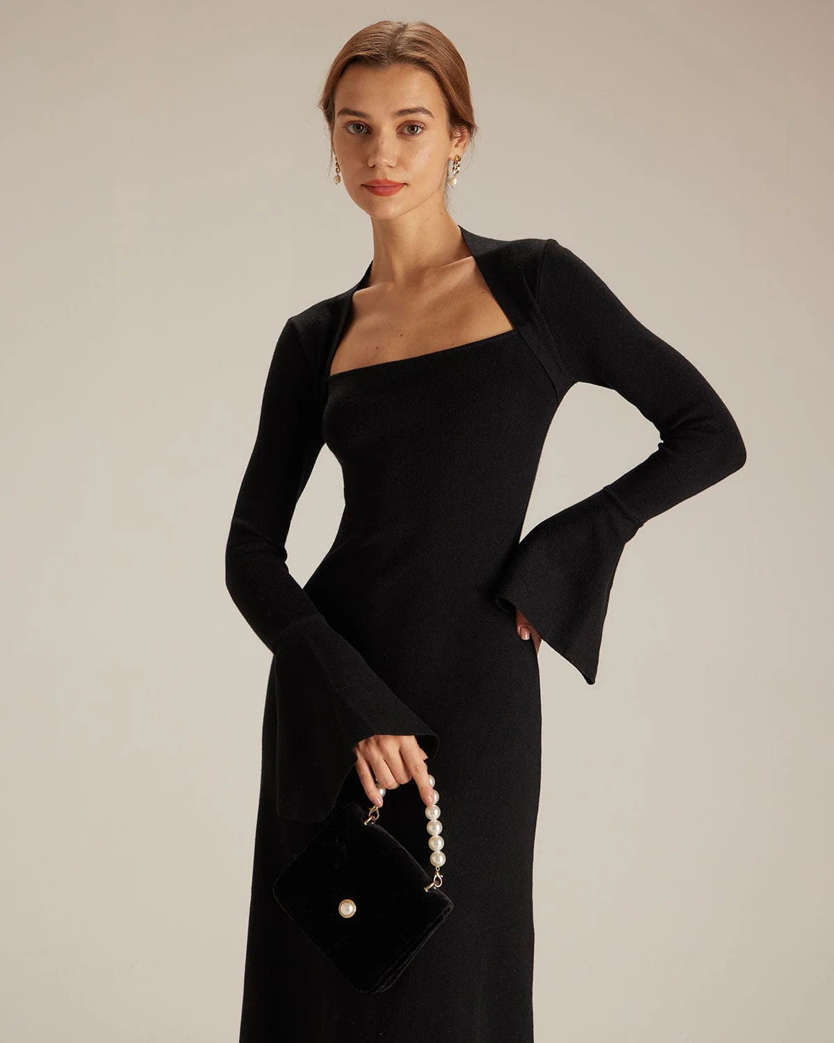 The Black Square Neck Flare Sleeve Midi Dress - Image 3