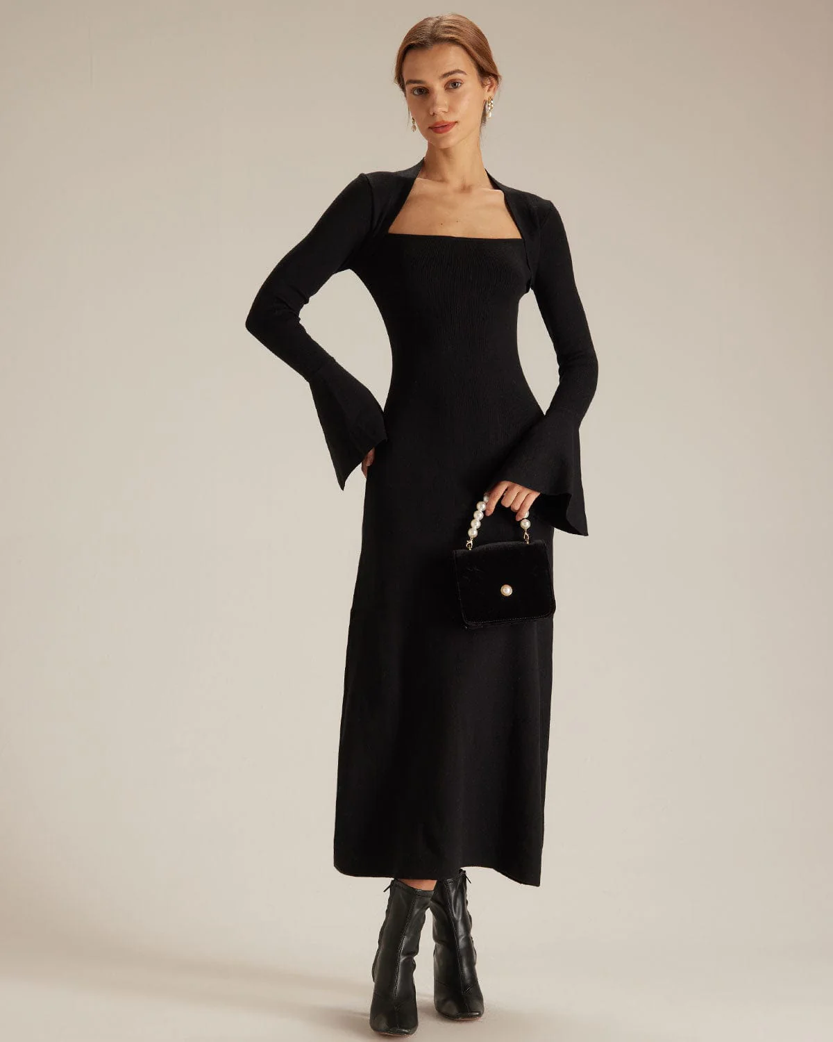 The Black Square Neck Flare Sleeve Midi Dress - Image 4