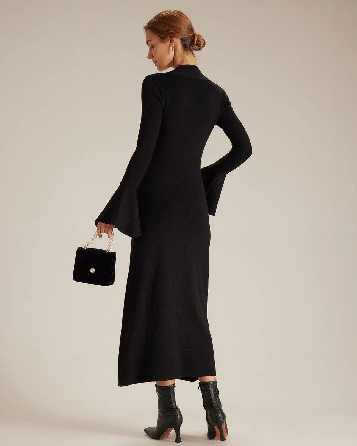 The Black Square Neck Flare Sleeve Midi Dress - Image 5