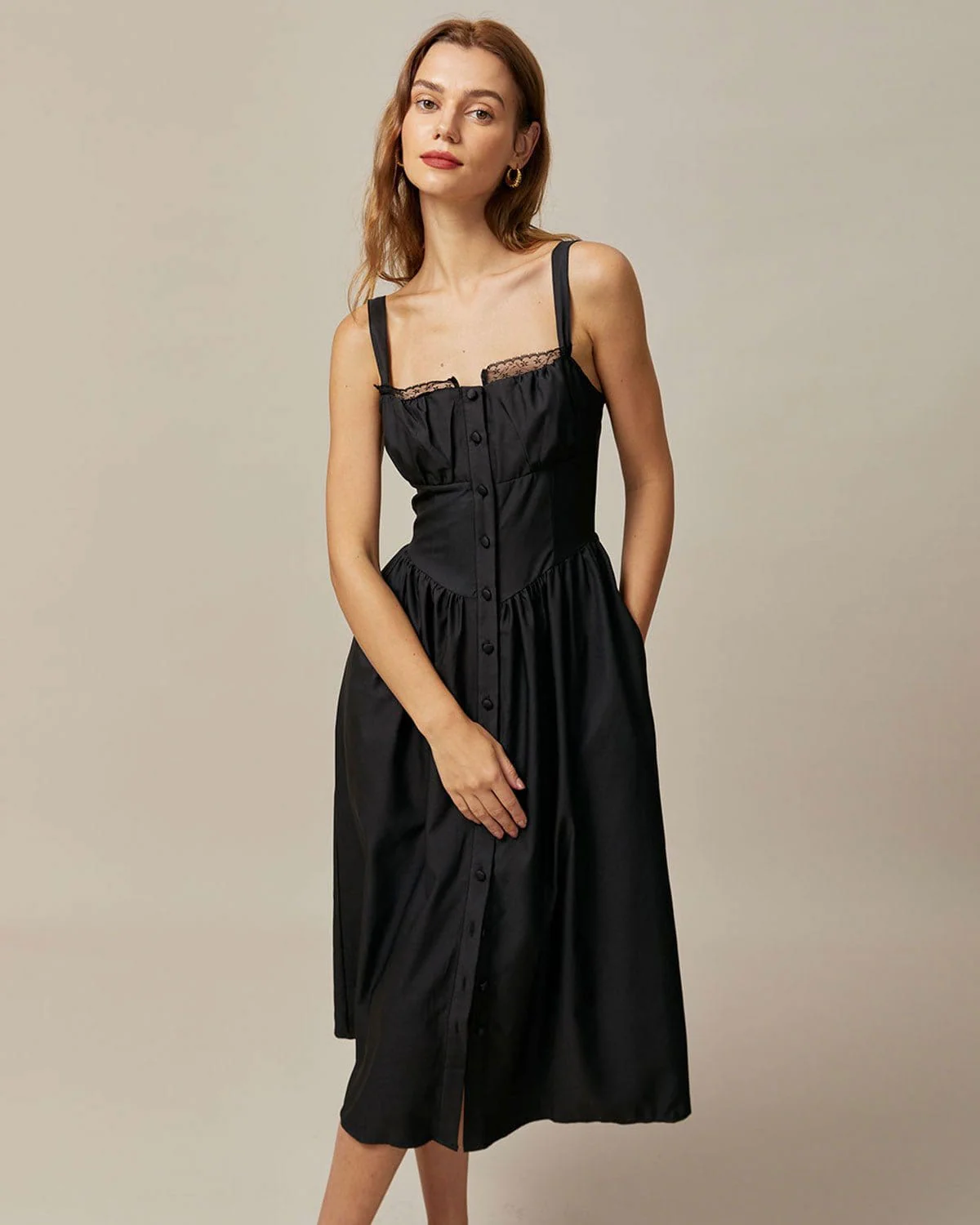 The Black Square Neck Lace Cami Midi Dress - Image 3