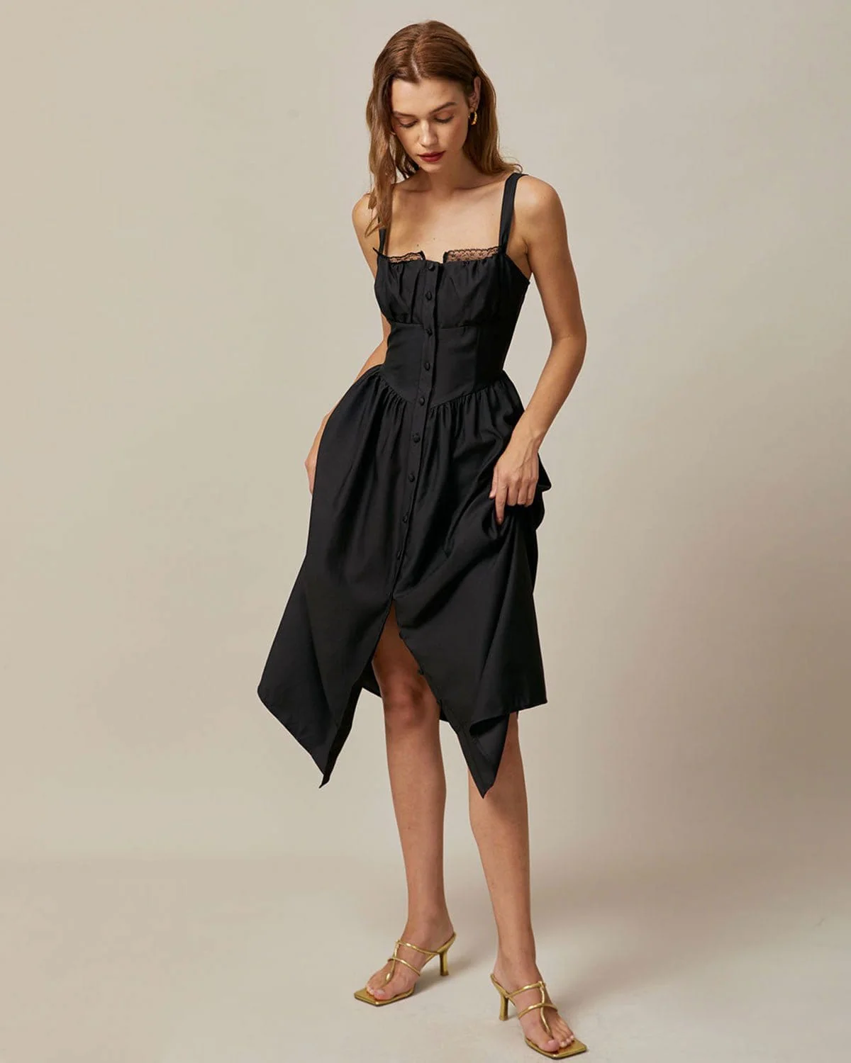 The Black Square Neck Lace Cami Midi Dress - Image 5