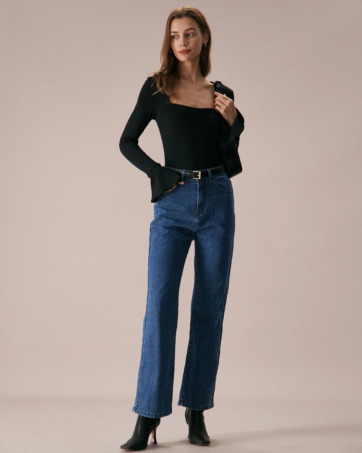 The Black Square Neck Slit Flare Sleeve Tee - Image 2
