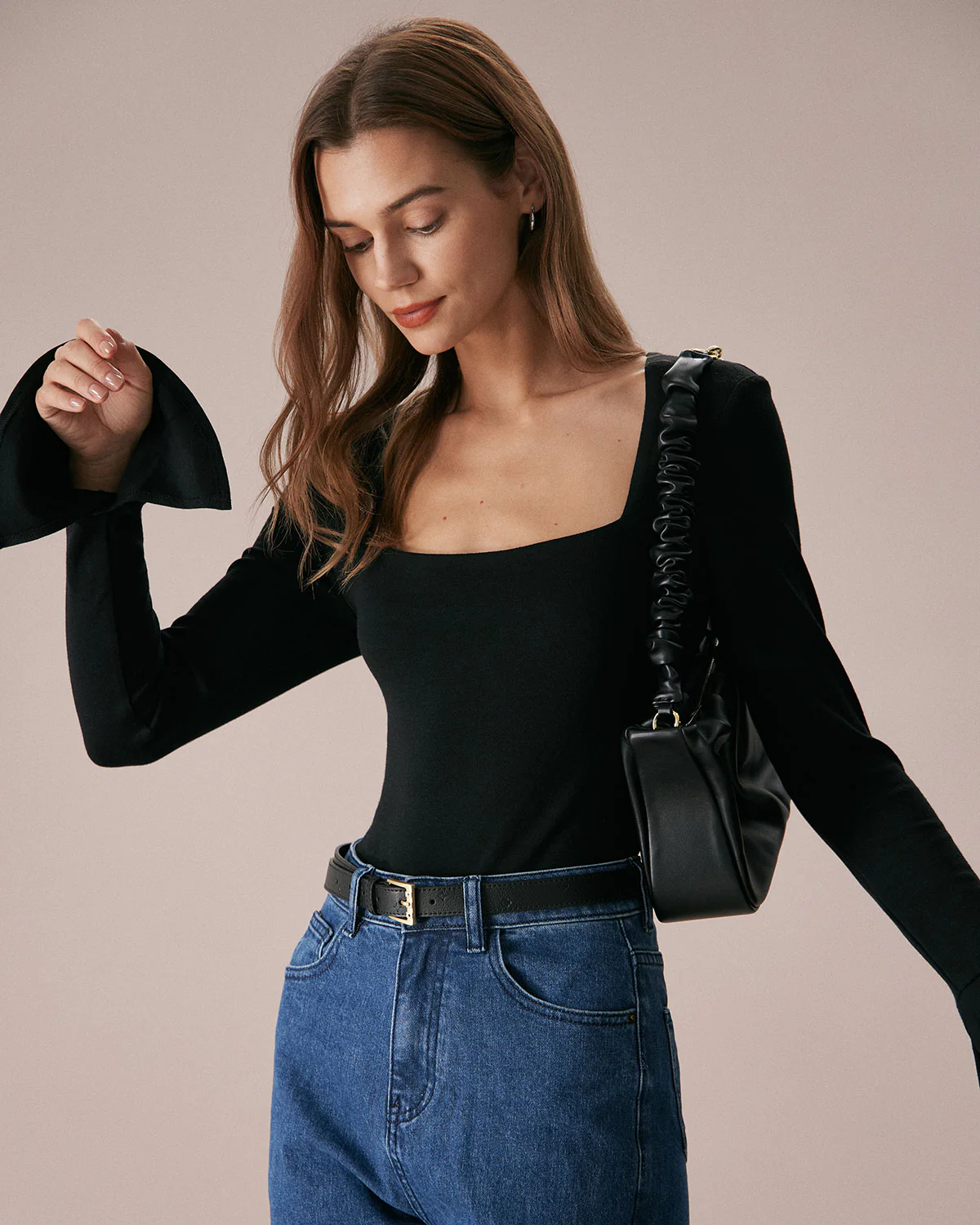 The Black Square Neck Slit Flare Sleeve Tee - Image 3