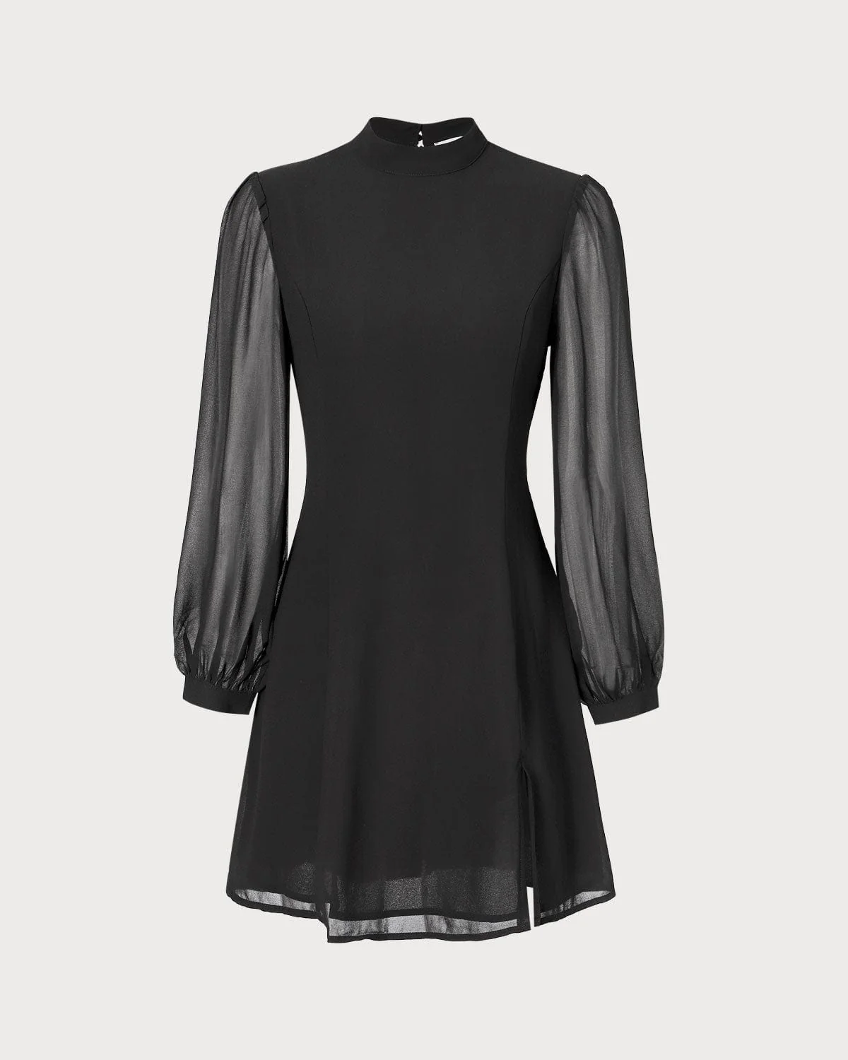 The Black Stand Collar Sheer Slit Mini Dress - Image 5