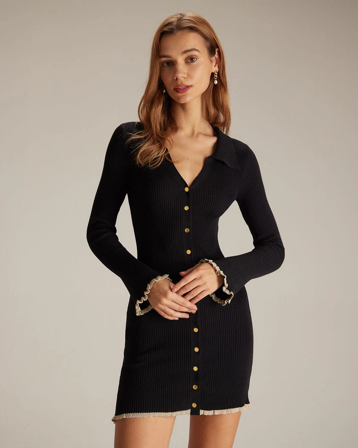The Black V Neck Contrast Trim Knit Mini Dress - Image 3