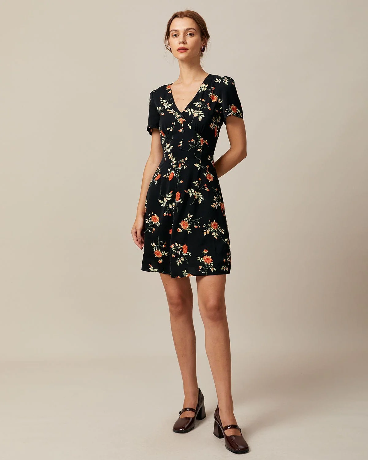 The Black V Neck Floral Button Up Mini Dress - Image 4