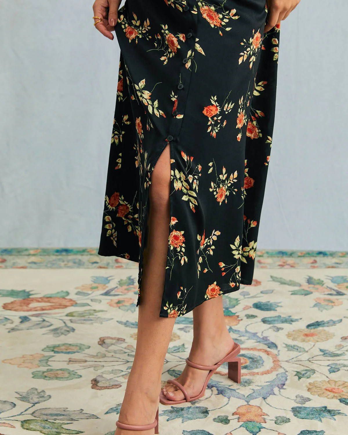 The Black V Neck Floral Short Sleeve Maxi Dress - Image 3
