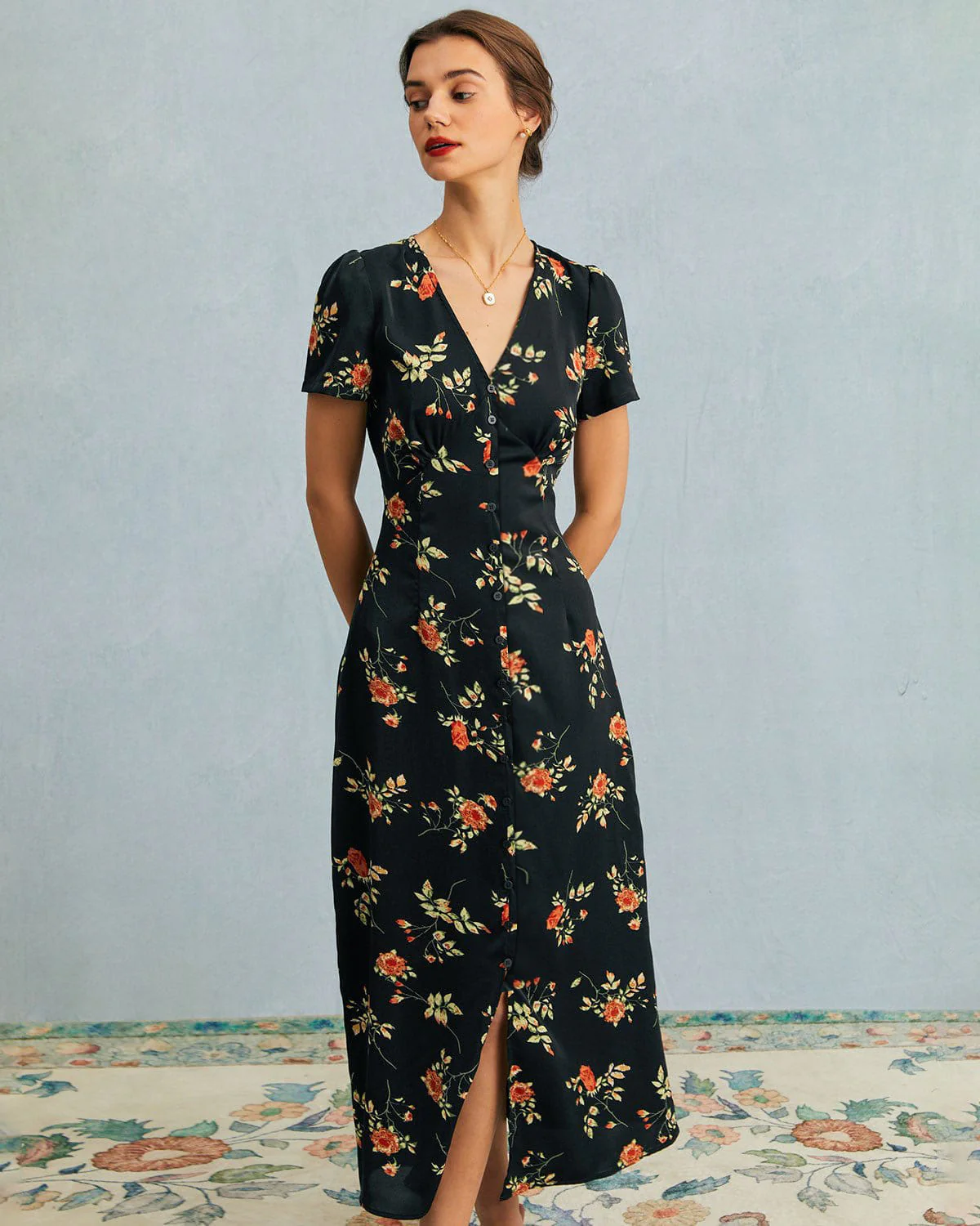 The Black V Neck Floral Short Sleeve Maxi Dress - Image 4
