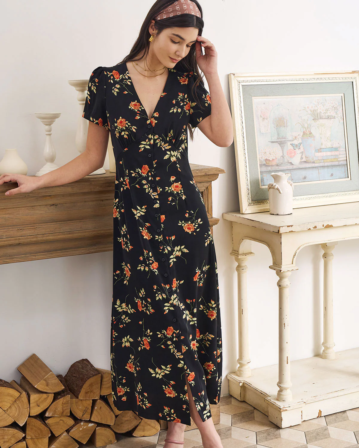 The Black V Neck Floral Short Sleeve Maxi Dress - Image 6