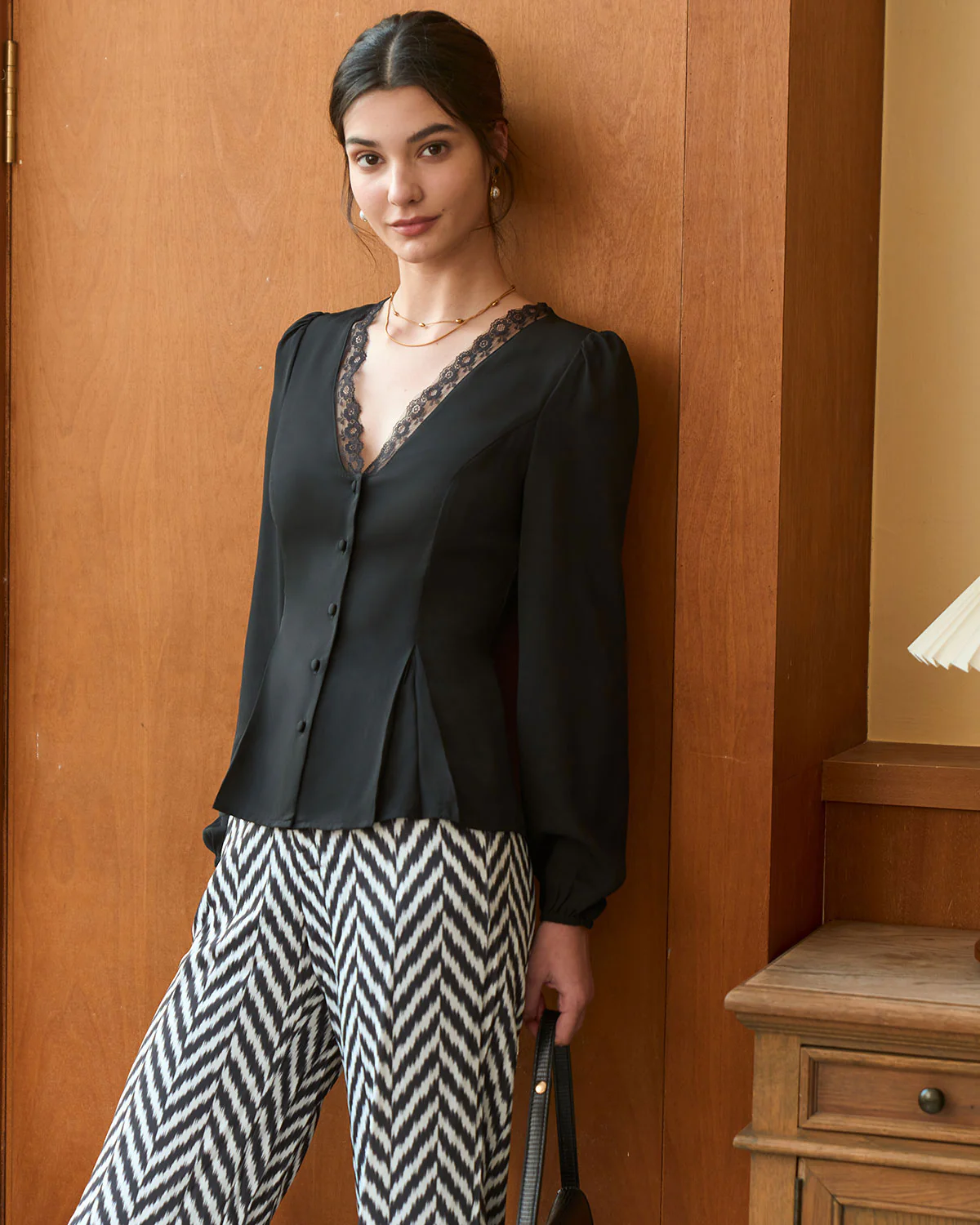 The Black V Neck Lace Trim Button Blouse - Image 5