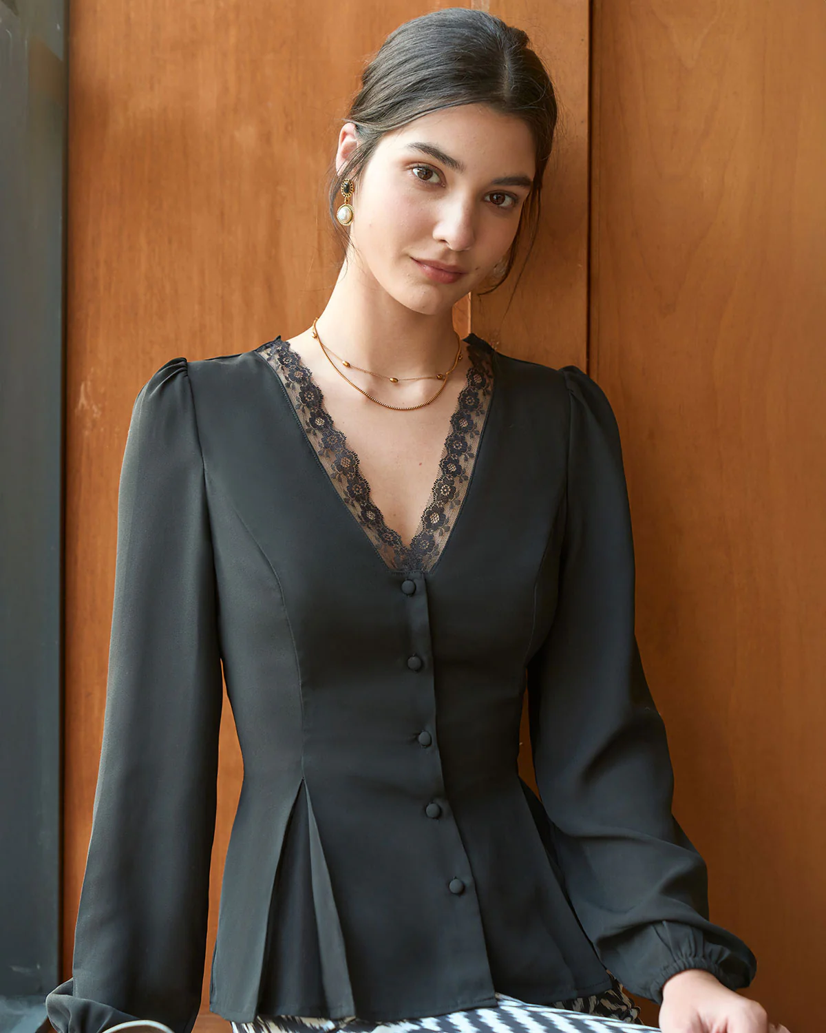 The Black V Neck Lace Trim Button Blouse - Image 6