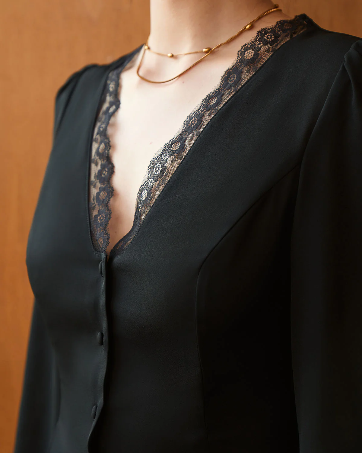 The Black V Neck Lace Trim Button Blouse - Image 7