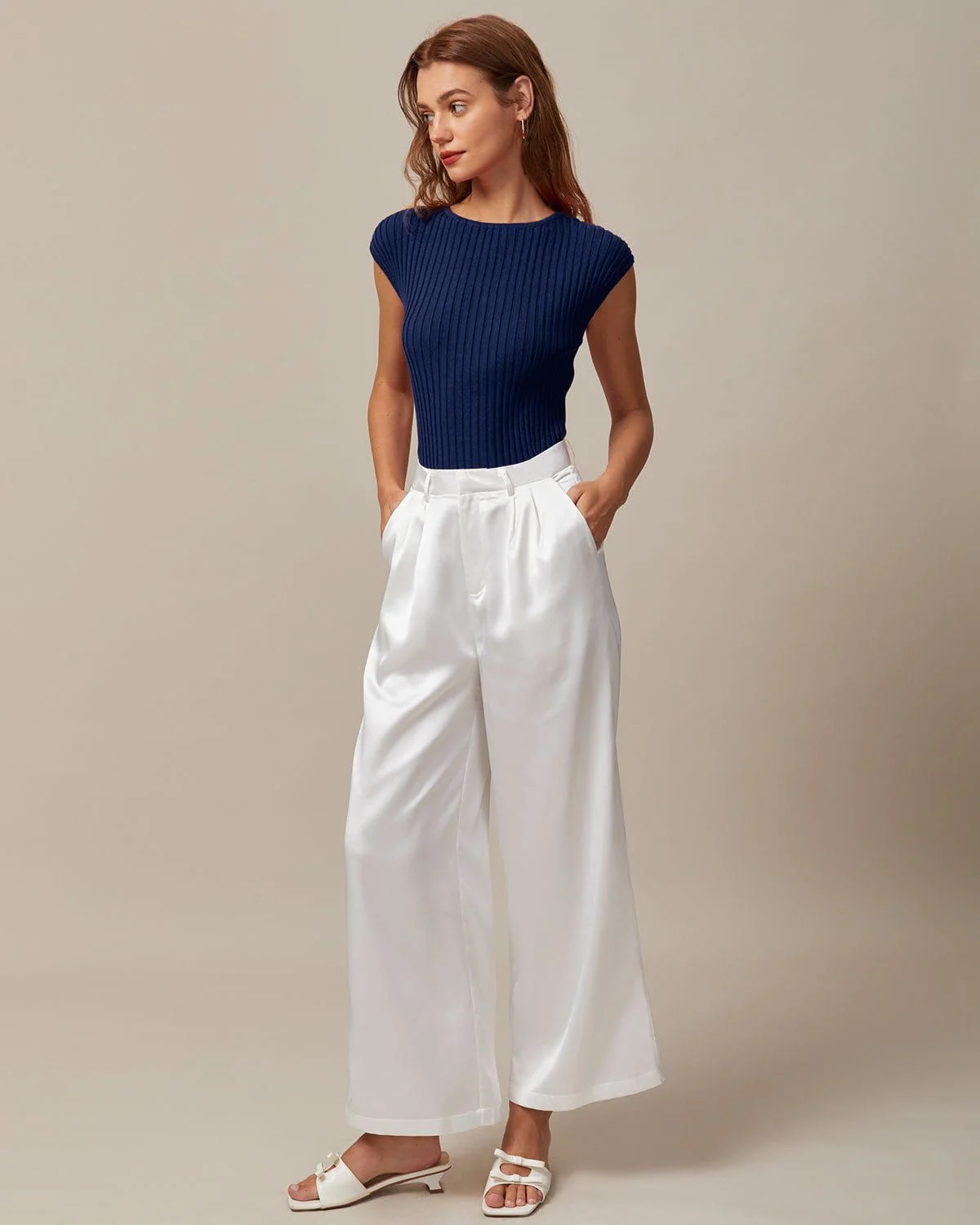The Blue Boat Neck Ribbed Cap Sleeve Knit Tee - Image 3